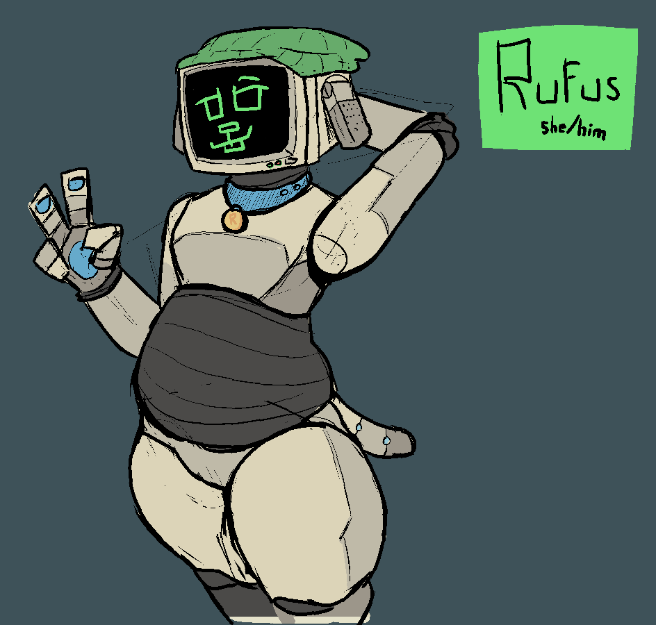 A humanoid robot with a yellowed white plastic body, and a CRT for a head with a beanie stretched over it. His face is a simple green dog face drawn on the otherwise blank display.